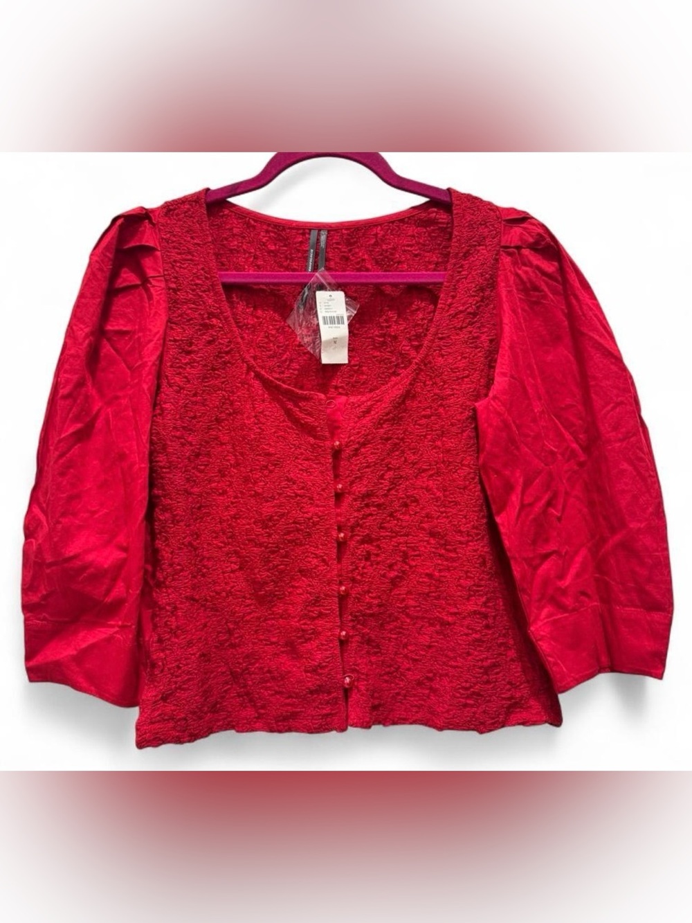 NWT Anthropologie Red Textured Puff Sleeve Button Front Top Size M